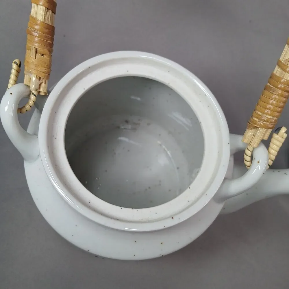 Otagiri Butterfly Tea Pot Ratten Handle Ceramic Vintage MCM Boho Japan